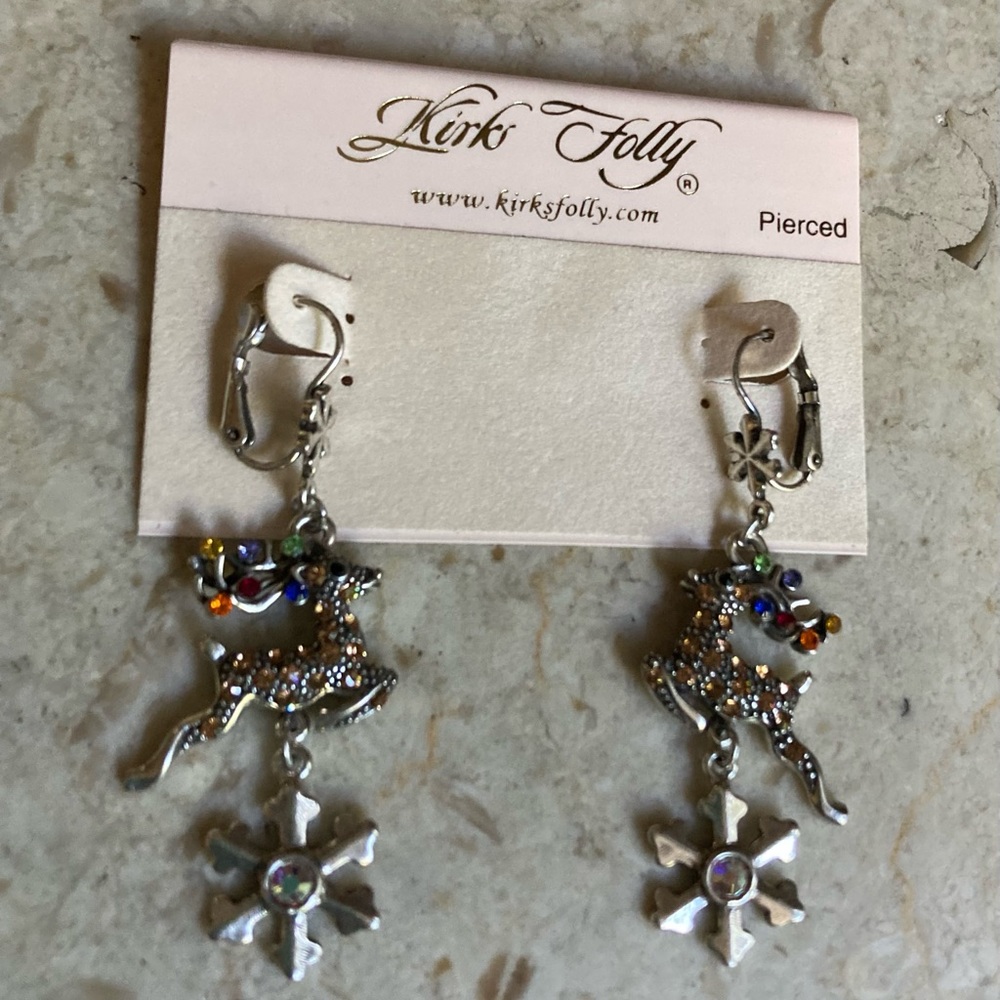 KIRKS FOLLY Rare Signed, Dangling Crystal Reindeer Earrings NIB!